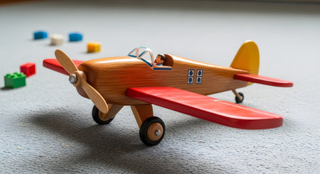 A detailed wooden toy airplane with red wings sits on a textured surface next to scattered colorful building blocks.の素材