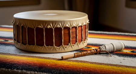 A traditional Native American drum and beater rest on a vibrantly patterned woven blanket, showcasing cultural artistry.の素材