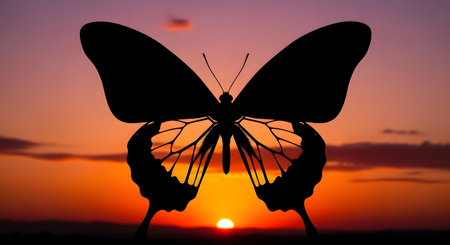 A striking silhouette of a butterfly with intricate wing patterns is set against a warm, colorful sunset, creating a beautiful natural spectacle.の素材