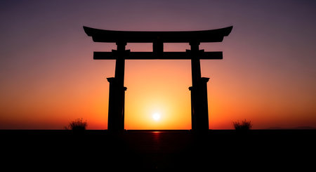 A striking silhouette of a traditional Japanese Torii gate stands against a vibrant sunset with warm orange and purple hues.の素材