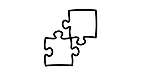 A simple, hand-drawn illustration of two white puzzle pieces with black outlines, one slightly above the other, about to connect.の素材