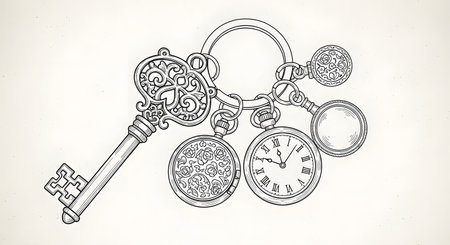 A detailed line drawing of an antique key adorned with intricate Victorian-style charms and small pocket watches.の素材