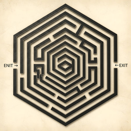 A complex hexagonal maze with a clear entrance and exit, featuring intricate pathways leading to the center.の素材