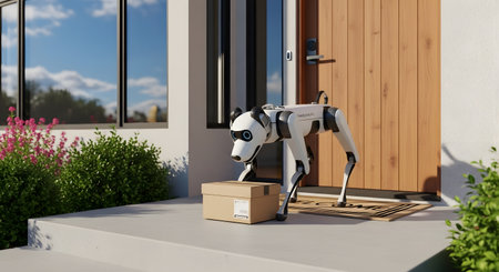 A white and black robot dog stands on a porch next to a delivered package, ready to depart.の素材