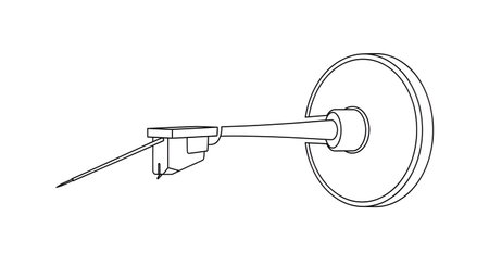 A black and white line drawing illustrating a record player stylus attached to a cartridge, mounted on an arm, ready to play vinyl.の素材
