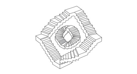 An intricate black and white architectural drawing shows a diamond-shaped building with a central open courtyard and tiered levels.の素材
