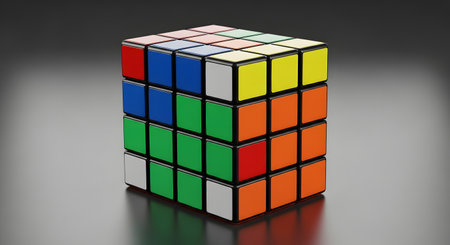 A four by four Rubik's cube is shown from an angle, with some colors aligned and others mixed on its sides.の素材