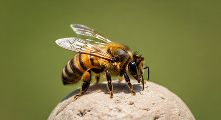 A close-up macro shot of a honeybee resting on a rough, light-colored surface. Its wings are translucent and its body shows distinct stripes.の素材