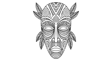 A detailed black and white illustration of a tribal mask featuring elaborate patterns, symmetrical designs, and feathered elements.の素材