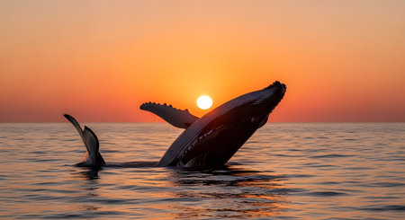 A majestic humpback whale breaches from the ocean surface against a vibrant orange sunset, its silhouette dramatic against the sky.の素材