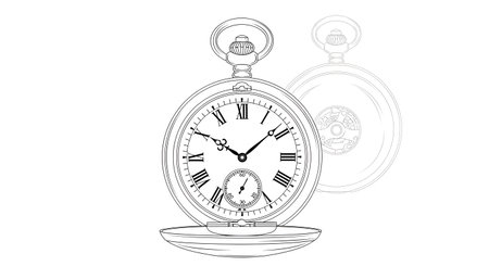 A detailed line drawing of an antique pocket watch, featuring Roman numerals and a sub-dial, rendered in a classic sketch style.の素材