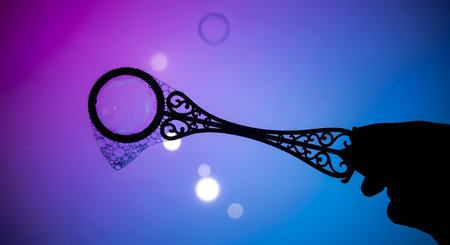 A silhouette of a hand holds an ornate bubble wand, creating iridescent bubbles against a gradient of purple and blue light.の素材