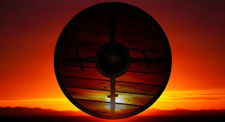 A dark, round Viking shield stands in silhouette against a dramatic, vibrant sunset with fiery orange and red hues.の素材