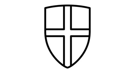 A stylized shield outline in black ink on a white background, featuring a prominent cross design within its borders.の素材