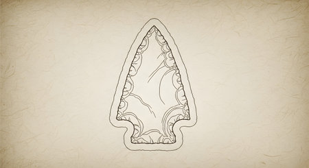 A finely detailed line drawing of a large, ornate arrowhead, showcasing intricate flaking patterns, presented on a textured parchment background.の素材