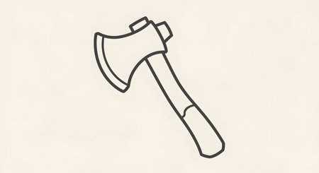 A minimalist line drawing of a traditional axe with a sharp blade and a wooden handle, presented on a plain background.の素材