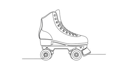 A minimalist line drawing of a vintage roller skate, showcasing intricate details of its laces, boot, and four wheels on a white background.の素材