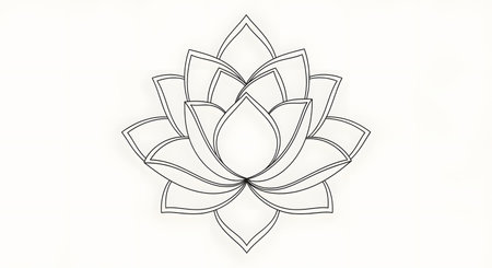 A delicate, symmetrical line drawing of a lotus flower with layered petals, presented on a white background.の素材