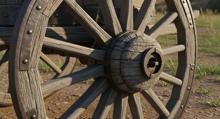 A detailed view of a rustic, antique wooden wagon wheel, showcasing its spokes, hub, and weathered rim with carved patterns.の素材