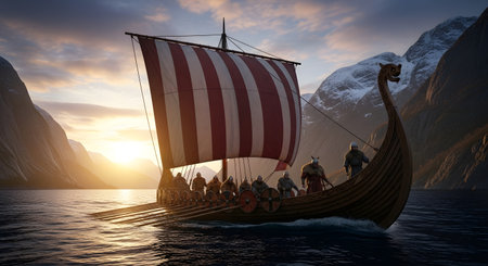 A detailed illustration of a Viking longship with a striped sail navigating through a serene fjord as the sun sets.の素材