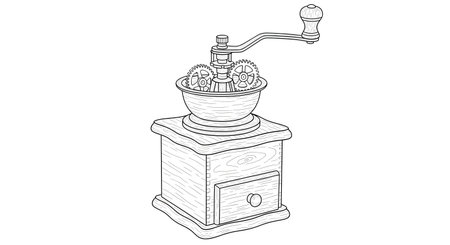 A detailed line drawing of an antique coffee grinder with a crank mechanism and a drawer at the base.の素材