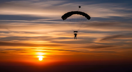 A lone skydiver with an open parachute is silhouetted against a dramatic sunset, its warm colors reflecting on the clouds below.の素材