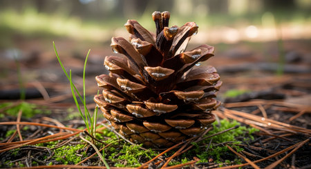 A solitary, brown pinecone sits upright on a mossy forest floor surrounded by pine needles and soft green grass.の素材