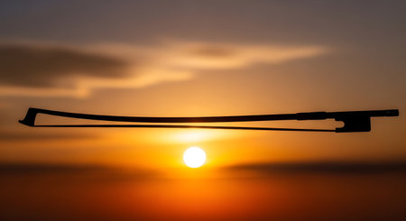 A violin bow is silhouetted against a vibrant, fiery sunset with clouds and the sun visible.の素材