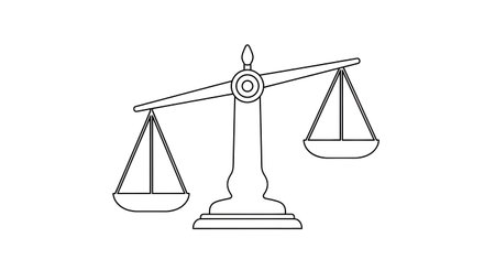 A minimalist line art illustration of a classic balance scale with one pan lower than the other, suggesting imbalance.の素材