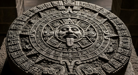 A detailed stone carving of the Aztec Sun Stone calendar, showcasing intricate glyphs and a central deity with a tongue extended.の素材
