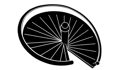 A graphic illustration of a bicycle wheel with spokes radiating from the hub, rendered in stark black and white with a textured effect.の素材