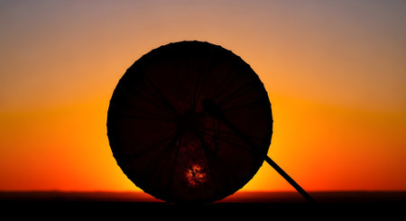 A dark silhouette of a coconut with a stick stands against a fiery orange and yellow sunset, creating a striking contrast.の素材