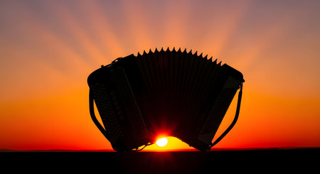 A dark, spiky silhouette of what appears to be a dragon egg is set against a vibrant, sun-drenched sky with radiating light.の素材