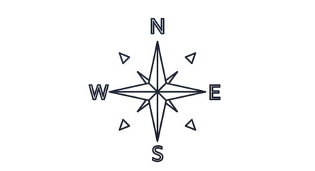 A minimalist compass rose design featuring cardinal directions North, South, East, and West, with smaller directional markers.の素材