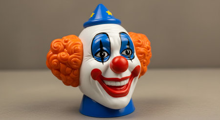 A close-up of a vintage clown head toy featuring a wide smile, blue eye makeup, and bright orange curly hair.の素材