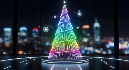 A dazzling, multi-colored neon Christmas tree stands tall on a platform, with a blurred city skyline visible in the background.の素材