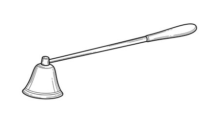 A vintage-style sketch depicts a long-handled candle snuffer with a bell-shaped top, perfect for extinguishing flames.の素材