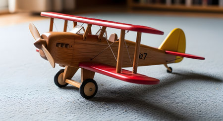 A detailed wooden biplane toy with red accents sits on a textured carpet, casting a long shadow.の素材