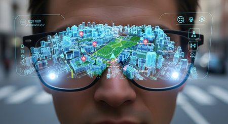 A close-up of a person wearing glasses that project a vibrant, futuristic city hologram, showcasing advanced technology and urban planning.の素材