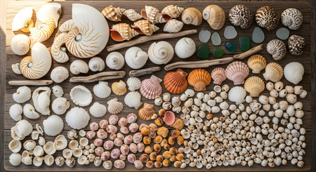 A vast assortment of seashells and weathered driftwood are arranged in rows on a rustic wooden background, showcasing natural textures and colors.の素材