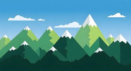 A stylized landscape featuring layered green mountains with white snow on their peaks, set against a bright blue sky with fluffy clouds.の素材
