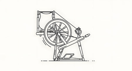 A black and white line drawing depicts the intricate mechanical components of a historical spinning wheel, showcasing its wooden structure and operational parts.の素材