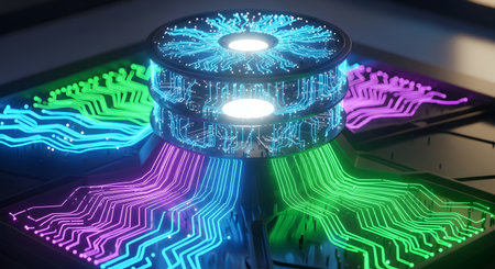 A high-performance CPU cooler with intricate circuits and vibrant, multi-colored RGB lighting, evoking a cyberpunk aesthetic.の素材