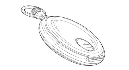 A black and white technical illustration depicts an oval electronic device with a hinged loop for attachment, showcasing intricate surface details and internal components.の素材