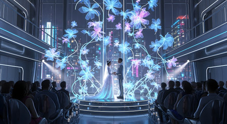 A futuristic stage with two performers surrounded by a vibrant holographic light show, viewed from an audience perspective.の素材