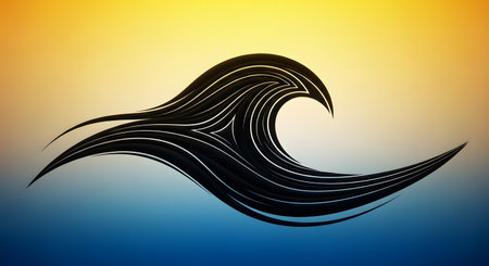 A stylized, dark, flowing wave shape with thin, parallel lines against a vibrant yellow and blue gradient.の素材