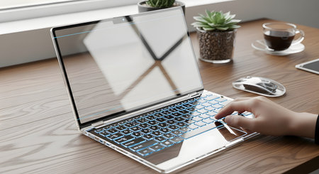 A sleek, modern laptop with a transparent screen is open on a wooden desk, with a hand typing on the keyboard. A mouse and coffee are nearby.の素材