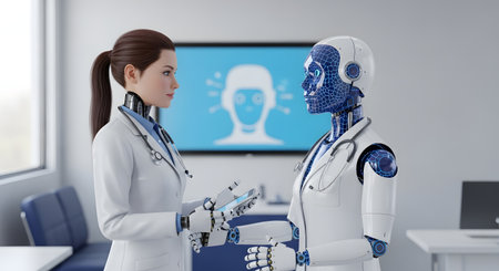 A female doctor interacts with a humanoid robot in a bright, modern room, with a medical diagram displayed on a screen behind them.の素材
