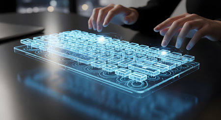 Hands interact with a glowing blue holographic keyboard projected above a surface, representing advanced technology and digital interfaces.の素材