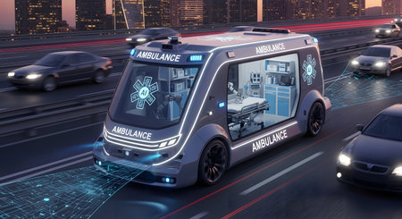 A sleek, transparent autonomous shuttle with glowing lights drives on a busy city street at night, surrounded by other vehicles.の素材